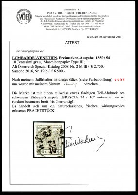 Rakousko - Lombardsko / Benátsko 1850, Ferch.2III, 10C ŠEDÁ (), III typ, strojový papír, raz. BRESCIA, jedná se o nejvzácnější "barvu" vydání 1850, atest Ferchenbauer - "Prachtstuck", kat. 2750 EUR, ANK 3100 EUR, Sassone 6500 EUR; unikátní nabídka, tento odstín ve sbírkách vždy chybí! 