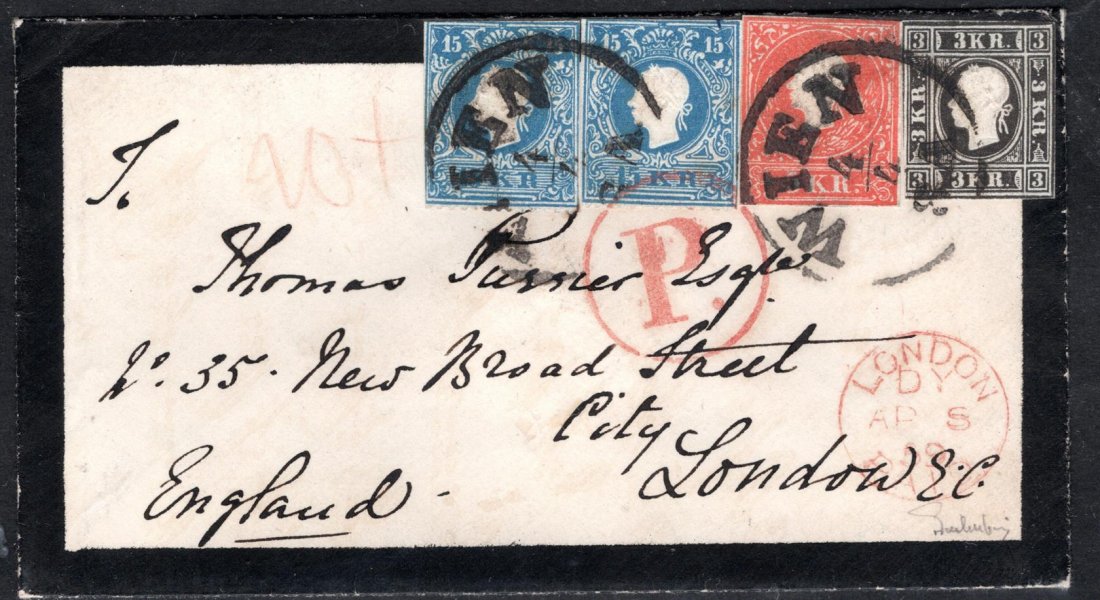 Rakousko 1858, dopis z Vídně do Londýna frank. 3+5+15+15kr s ODSTŘIŽENOU PERFORACÍ u všech známek na všech 4 stranách -  vzácná a oblíbená specialita; atest Ferchenbauer - RR, kat. jen základní 3+5+15kr zoubkované na dopisu 5500 EUR, v této formě min. 15000 EUR; UNIKÁT a rakouská rarita  prvního řádu, vyobrazeno na str. 500 v kat. Ferch. I. díl