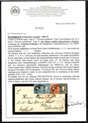 Rakousko 1858, dopis z Vídně do Londýna frank. 3+5+15+15kr s ODSTŘIŽENOU PERFORACÍ u všech známek na všech 4 stranách -  vzácná a oblíbená specialita; atest Ferchenbauer - RR, kat. jen základní 3+5+15kr zoubkované na dopisu 5500 EUR, v této formě min. 15000 EUR; UNIKÁT a rakouská rarita  prvního řádu, vyobrazeno na str. 500 v kat. Ferch. I. díl