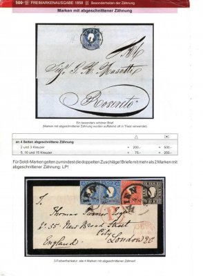 Rakousko 1858, dopis z Vídně do Londýna frank. 3+5+15+15kr s ODSTŘIŽENOU PERFORACÍ u všech známek na všech 4 stranách -  vzácná a oblíbená specialita; atest Ferchenbauer - RR, kat. jen základní 3+5+15kr zoubkované na dopisu 5500 EUR, v této formě min. 15000 EUR; UNIKÁT a rakouská rarita  prvního řádu, vyobrazeno na str. 500 v kat. Ferch. I. díl