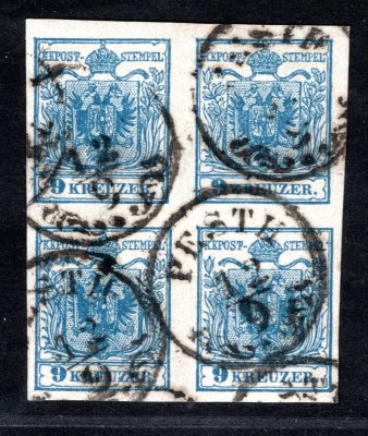 Rakousko 1850, Ferch.5MIII, 4-blok 9Kr, IIIb typ, strojový papír, raz. PESTH, zk. Muller, atest Ferchenbauer - "Prachtstuck", kat. 2400 EUR