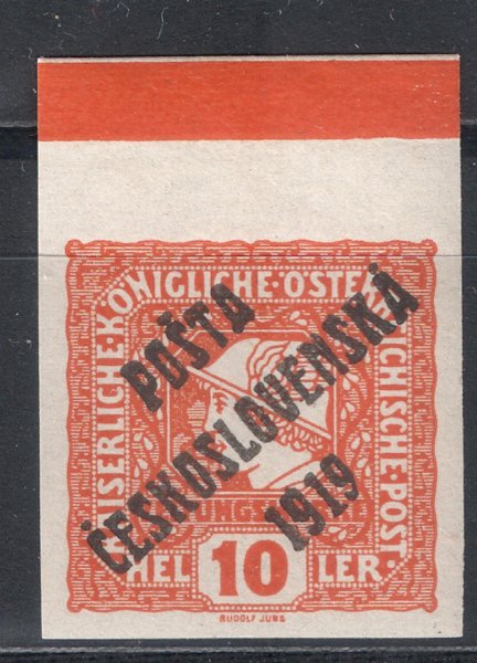 63 - 10h oranžová s přetiskem Pošta československá 1919 s horním okrajem, na okraji ochranný rám, kat. 160 Kč