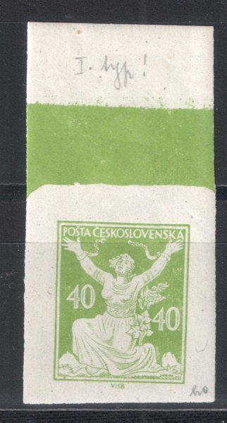 154 ZT I - nezoubkovaný zkusmý tisk hodnoty 40h v zelené barvě s horním okrajem a otiskem ochrané lišty, definitivní kresba, typ I., pěkný kus se širokými okraji a plným lepem
