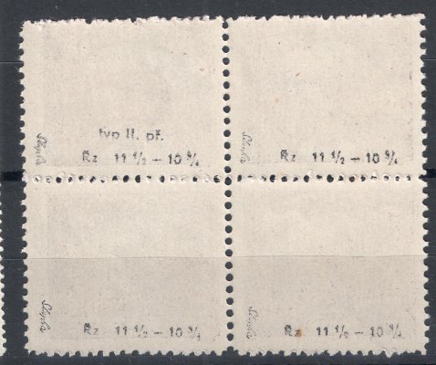 11 E STp - zoubkovaný čtyřblok hodnoty 25h fialová, zoubkování ŘZ 11 1/2 : 10 3/4, ZP 49,50,59,60/ 1. TD, spojený příčkový typ ZP 50/1, kat. jen spojených typů 2500 Kč, ve čtyřbloku podstatně vzácnější, zk. Stupka