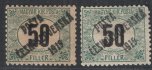 130 Pw 2 kusy  - svislá rok 1903 ; zoubkování HZ 11 1/2 ; 12 - 50f černé číslo 2 kusy Typ I +  Typ III - KVP - zkoušeno Vrba, Gilbert ;  Typ II  dosud není ani znám. Typ I - opravený zoubek, Typ III - lom, silnější oprava lepu - Tyto  známky luxusní bez nálepky pravděpodobně neexistují, všechny byly pravděpodoně přichyceny při přetiskování - vhodné do výstavní  exponátu , existuje jen několik málo exemplářů - zkoušeno 