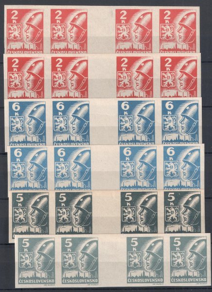 354 - 356 - Košické vydání, vodorovná čtyřznámková meziarší, u každé hodnoty 2 odstíny barev, lepší odstíny: hodnota 2K hnědočervená, 5K světle šedá a hodnota 6K světle modrá, kat. 5250 Kč