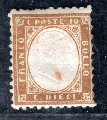 Sardinie - Mi. 9 b, hnědorůžová ; 1863  opravená  perforace, hnědá skvrna 