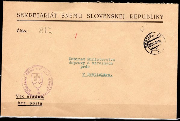 služební obálka Sekretariátu sněmu Slovenské republiky, zaslaná v místě, podací Bratislava 27/XI/43, zajímavá celistvost