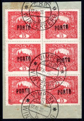 Porto Provisorium, 6-ti blok, 7Ad, rumělková 15 h, s přetiskem "PORTO", razítko VIMPERK, 17/IV/20, na výstřižku