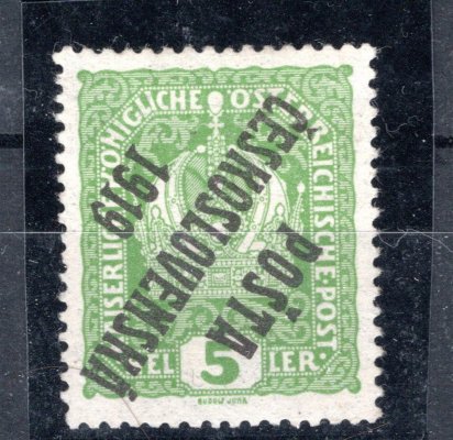34 PP, typ II, koruna, přetisk převrácený, světle zelená 5 h, zk. Gilbert