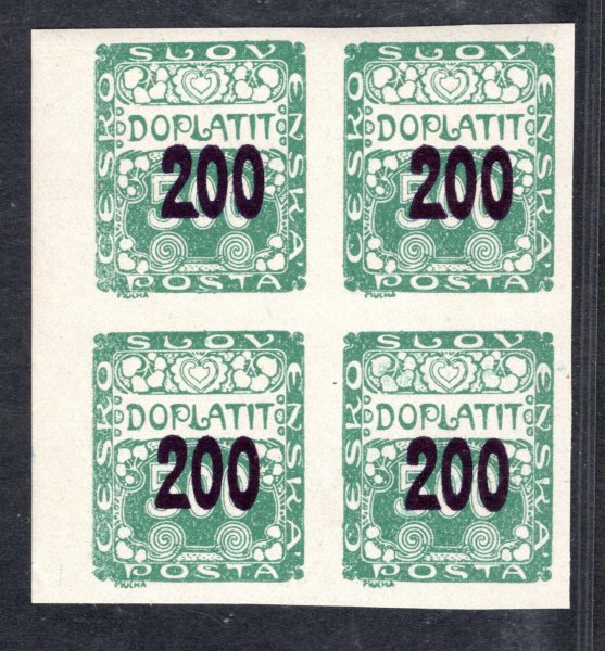 DL 41, doplatní, krajový 4 blok s částečným obtiskem , 200/500 zelená, koncová hodnota