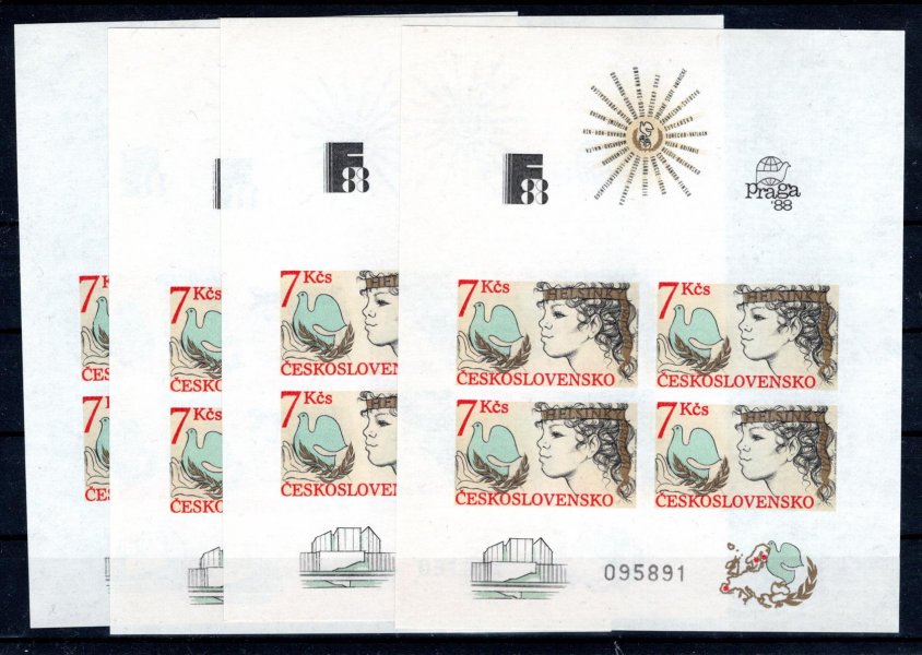 2704 A  B; Praga 1988 Holubice, neperforovaná, kompletní sestava polí A-D, kat. 1200 Kč