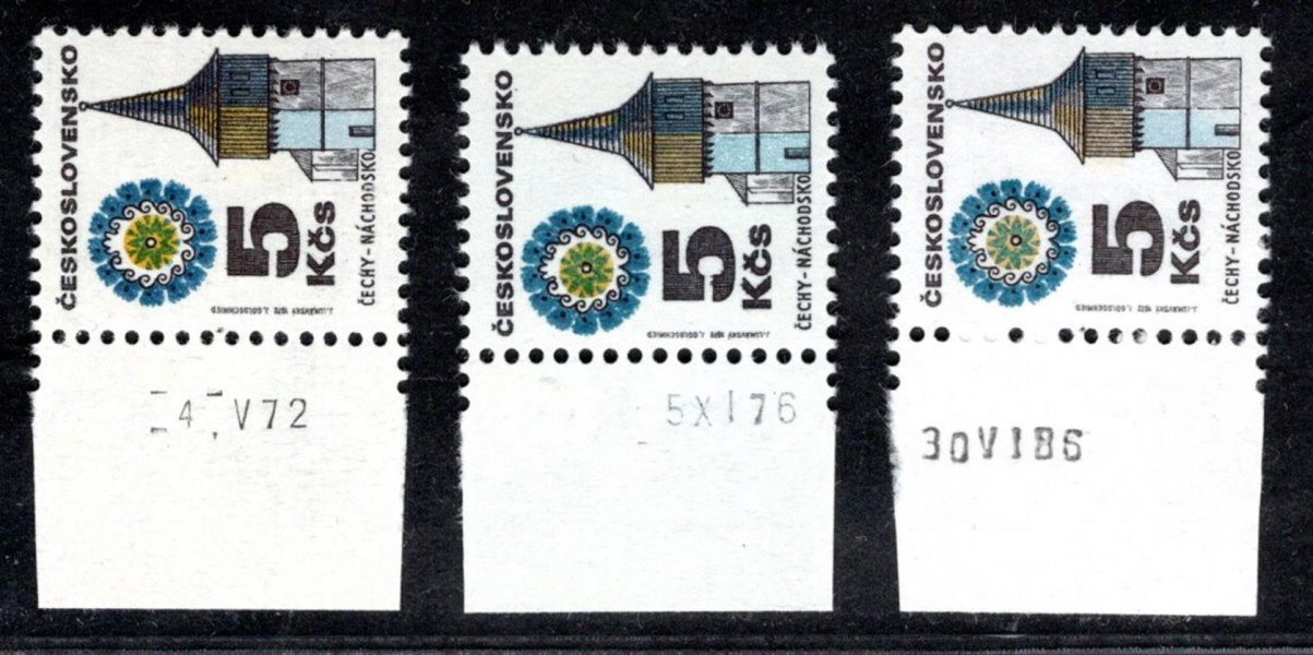 1964; Lidová architektura 5 Kčs, papíry bp, oz, fl2, všechny s daty tisku (4.V.72, 5.XI.76 a 30.VI.86), neobvyklá sestava, kat. známek bez dat 562 Kč