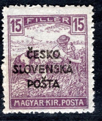 RV 142, Šrobárův přetisk, ženci, fialová 15 f, zk. Mahr, Ondráček