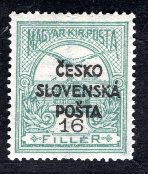 RV 135, Šrobárův přetisk, Turul, modrozelená 16 f,  zk. Gilbert, karásek, Vrba