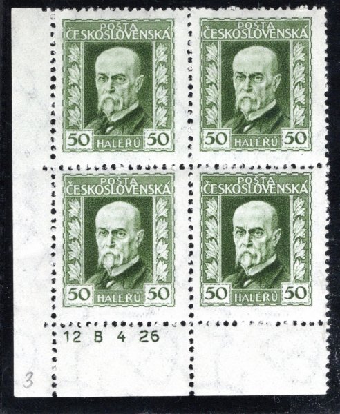 188 A, P 3, TGM, neotypie, 4 blok, zelená 50 h, rohový s DČ 12 B 4 26 