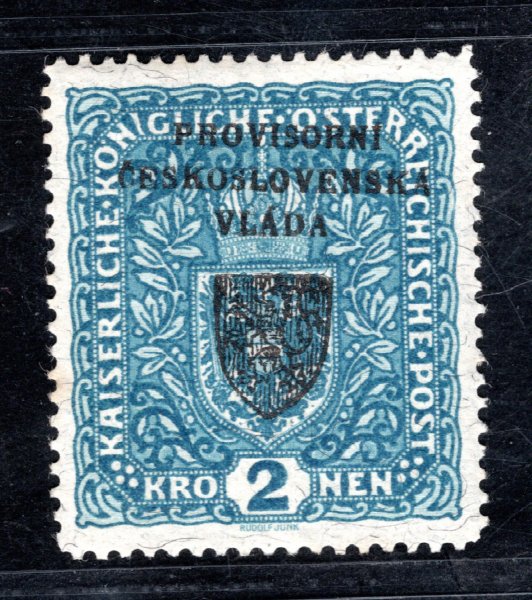 RV 16a,  I. Pražský přetisk, papír žilkovaný, znak,  formát široký, modrá 2 K, zk. Fischmeister, Vrba