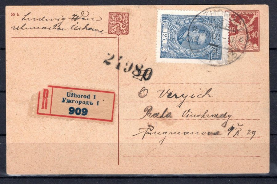 CDV 23, zaslaná jako R do Prahy, dofrankovaná známkou TGM 125 h, podací UŽHOROD 27/9/21, známka TGM se na celinách vyskytuje řídce, vzácné a hledané