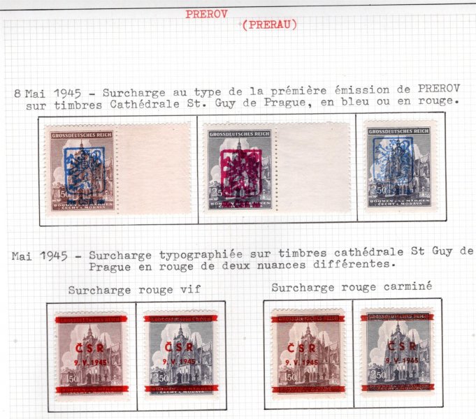 Přerov I + II, přetisky na známkách sv. Vít, modrý, červený + karmínový