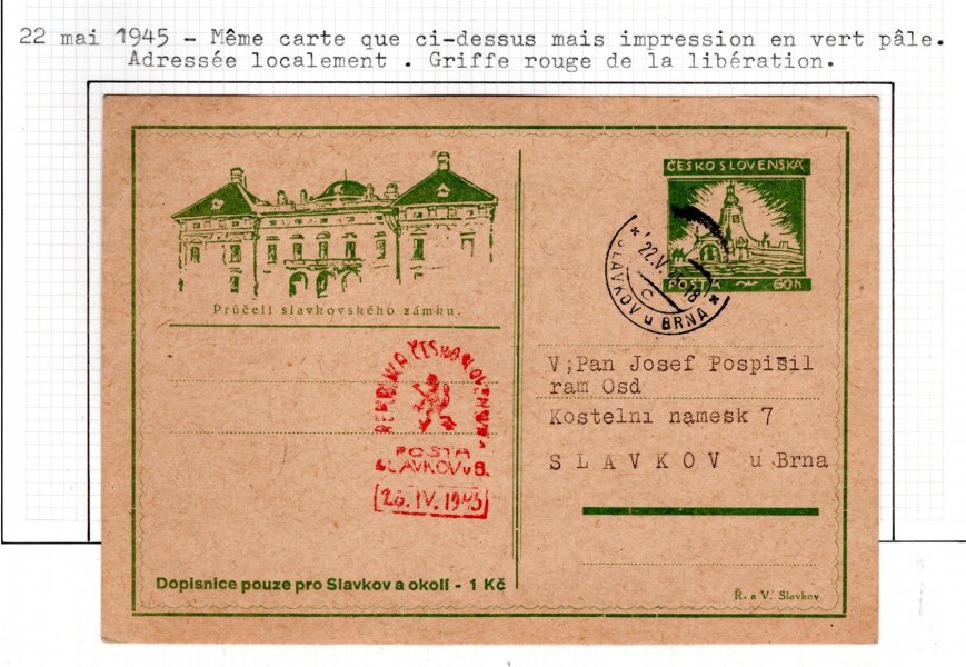 Slavkov u Brna - korespondenční lístek v barvě zelené zaslaný v místě, červené razítko " Pošta Slavkov"