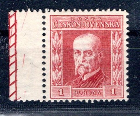 194, P 7, typ II, ramínko, TGM, krajový kus s bordurou, červená 1 Kč, zk. Karásek, vzácná průsvitka