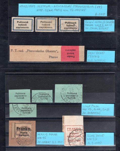 1918 - 19, Novinová provizoria, sestava na 4 destičkách formátu A 6, jednotlivé položky popsány, katalogová cena POFIS cca 12 tisíc, hezký a zajímavý los