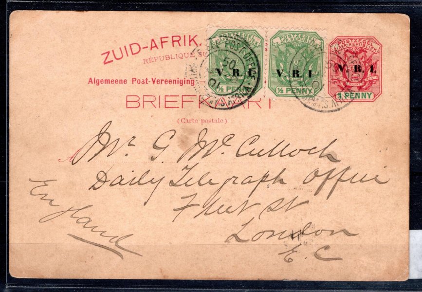 Jižní Afrika-Dopisnice 1d dofrankovaná 2x 1 d raz.polní pošty FIELDPOST OFFICE/ BRIT/SUIDAFRICA 20.7.01 Bůrská válka, vzadu cenzurní razítko, zachovalé !
