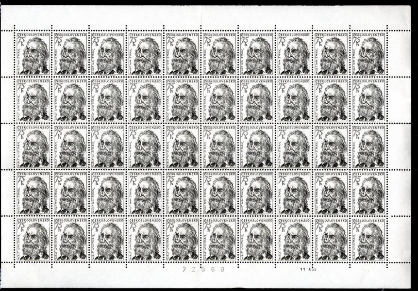 863; Walt Whitman 75h, kompletní 50 kusový arch (A, 11.X.55), zprava natržen v perforaci mezi 2. a 3. řadou, lehce přeložený, datum bezvadné a nepřeložené