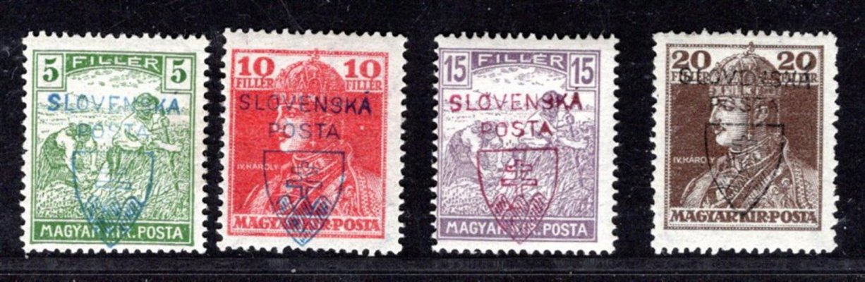 RV 163 - 165 ZT, 166, Jehličkův přetisk, 5 f - přetisk modrý, 10 f - přetisk modrý, 15 f - přetisk červený, (vše zkoušky tisku), 20 f - přetisk černý. Známky s původním lepem  a nepatrnou stopou po nálepce, zk. Gilbert, atest Vrba - velmi hledané 