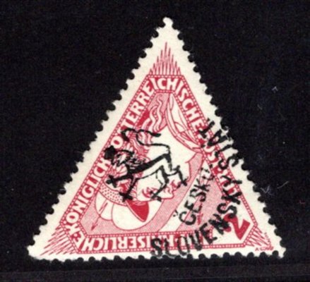 RV 106, Hornerův přetisk, trojúhelník, hnědočervená 2 h, zk. Vrba, vzácné a hledané