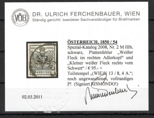 2; 2 kr černá, strojní papír, typ IIIb, menší desková vada (bílá skvrna na pravé orlí hlavě), atest Ferchenbauer, ANK € 110.- + PF