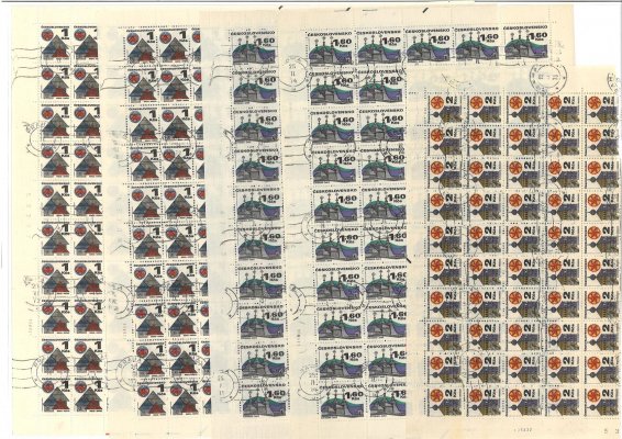 1875 - 1879 ex - sestava  kompletních ( 1 x polovina ) razítkovaných archů s daty tisku. různé TD, obtížně sehnatelné celkem 10 archů, 6 Kčs přichyceno k podkladu 