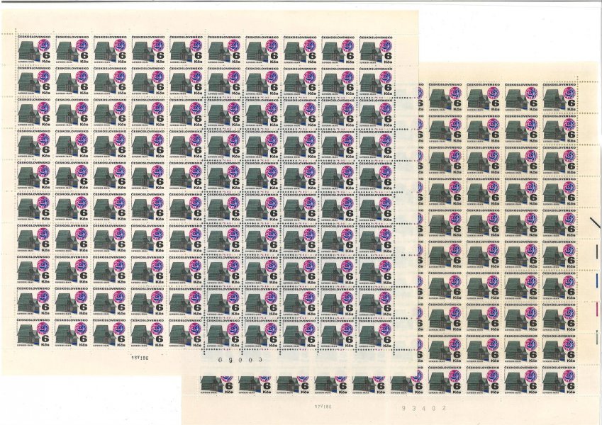 1881 yb ; 6 Kčs papír fl 2 ; Lidová architektura 1971 -  kompletní archy s čísly archů  a s daty tisku - 1 arch zkoušeno Pažout 