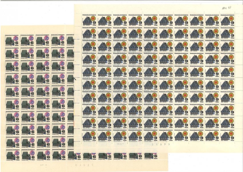 1881 + 1882   - Lidová architektura - 6 Kčs ( povoleno v perforaci) + 9 Kčs  - kompletní archy s čísly archu a datem tisku 