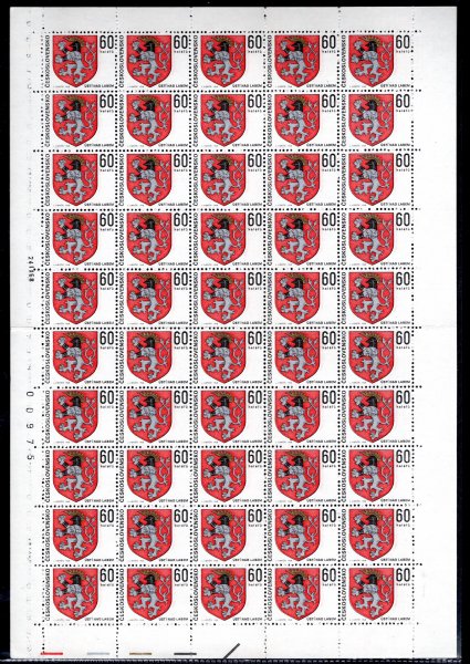 1717;  Znaky měst (Ústí nad Labem) 60h, kompletní 50 kusový arch (A, 24.IX.68), přeloženvý, na levém okraji násobný obtisk data a čísla, zajímavé