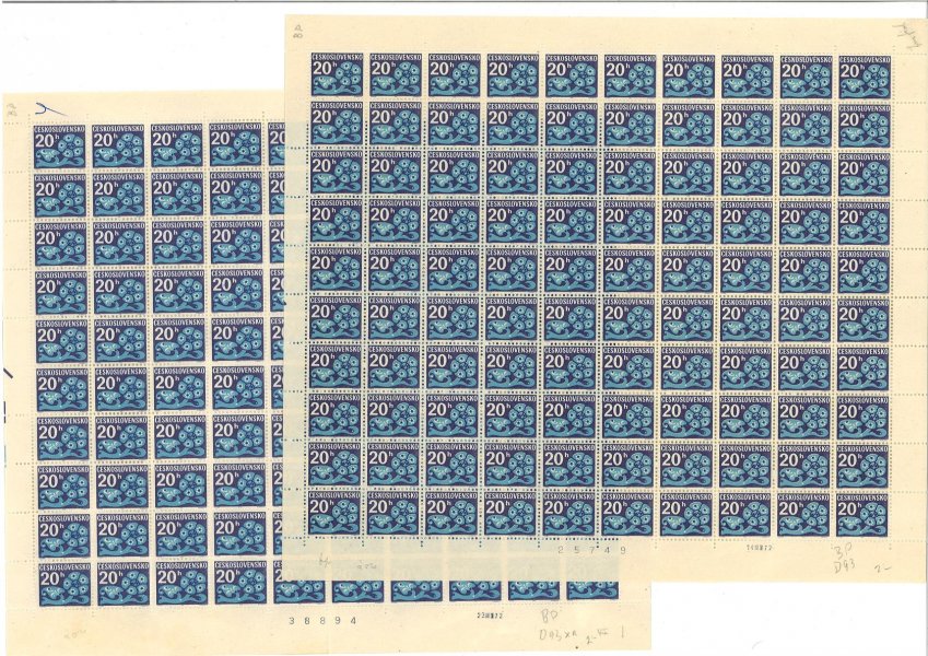 D 93 ; 20 h modrá, dva kompletní archy s daty tisku - tiskové desky A + B 