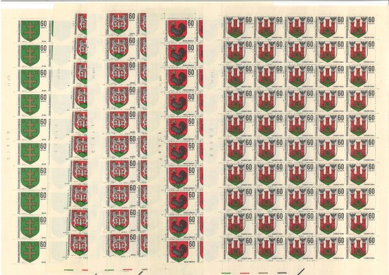 1866 - 1891 Znaky Československých měst - kompletní archy s daty tisku  - celkem 8 archů-  u některých desky A+ B 