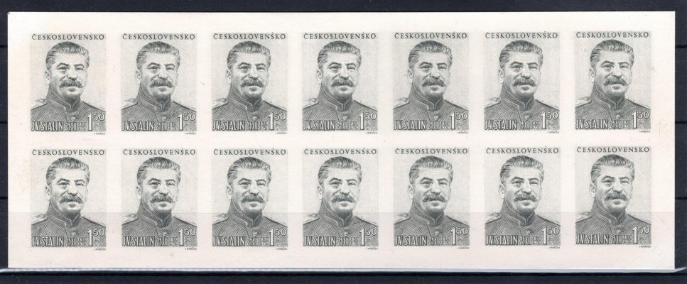 531 ZT TL (14) , nezoubkovaný čtrnáctiblok J.V.Stalin, 1,50 Kčs šedozelený. Tisk ocelotiskem z plochy na bílém kartonovém papíru. Čtrnáctiblok je ve velmi dobrém stavu s drobnými vadami na zadní straně. Atest Marcel Arbeit. Na trhu se tyto bloky vyskytují jen zcela vyjímečně a jsou vzácné, je známo nepatrný počet exemplářů,zcela mimořádné ! 