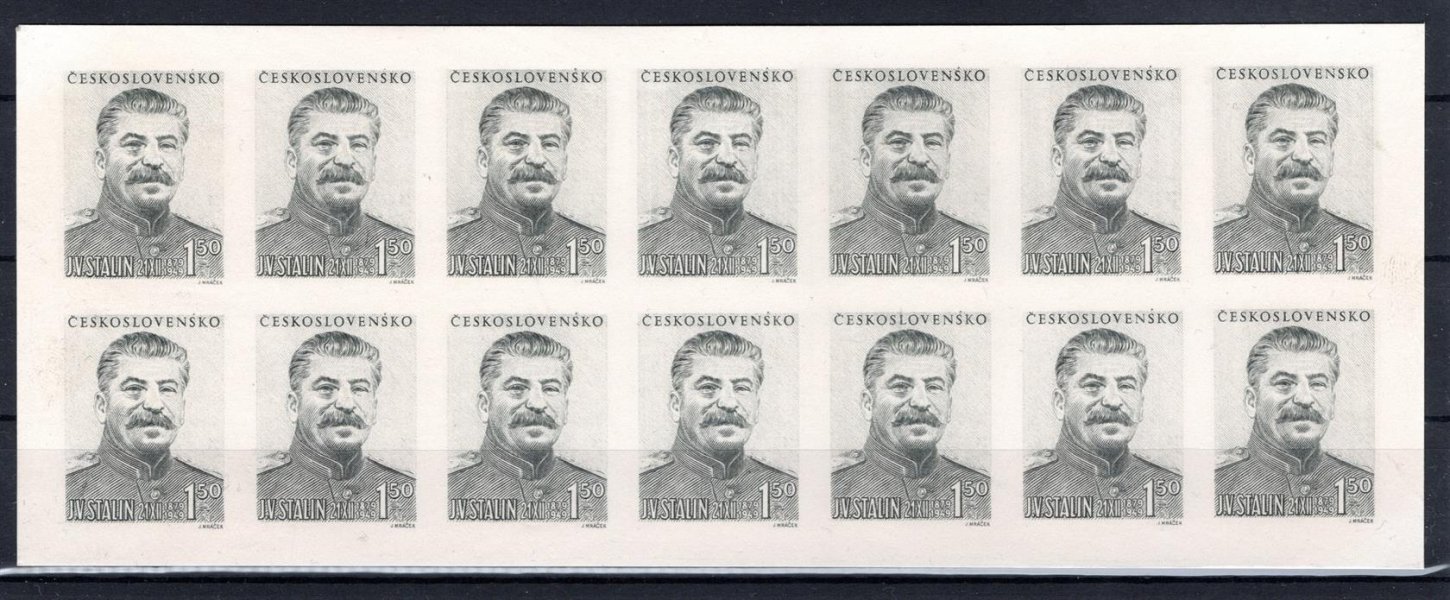 531 ZT TL (14) , nezoubkovaný čtrnáctiblok J.V.Stalin, 1,50 Kčs šedozelený. Tisk ocelotiskem z plochy na bílém kartonovém papíru. Čtrnáctiblok je ve velmi dobrém stavu s drobnými vadami na zadní straně. Atest Marcel Arbeit. Na trhu se tyto bloky vyskytují jen zcela vyjímečně a jsou vzácné, je známo nepatrný počet exemplářů,zcela mimořádné ! 