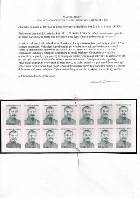 531 ZT TL (14) , nezoubkovaný čtrnáctiblok J.V.Stalin, 1,50 Kčs šedozelený. Tisk ocelotiskem z plochy na bílém kartonovém papíru. Čtrnáctiblok je ve velmi dobrém stavu s drobnými vadami na zadní straně. Atest Marcel Arbeit. Na trhu se tyto bloky vyskytují jen zcela vyjímečně a jsou vzácné, je známo nepatrný počet exemplářů,zcela mimořádné ! 