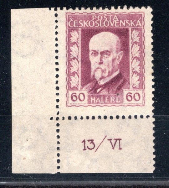 189 Ax, P 3, papír pergamenový, TGM, neotypie, rohová známka s DČ 13/VI, fialová 60 h, známka s původním lepem s drobnou vadou zk, Gilbert, Vrba a atest Vrba, velmi vzácná a hledaná známka