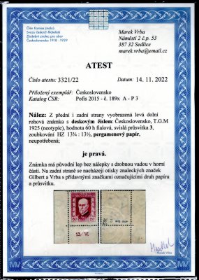 189 Ax, P 3, papír pergamenový, TGM, neotypie, rohová známka s DČ 13/VI, fialová 60 h, známka s původním lepem s drobnou vadou zk, Gilbert, Vrba a atest Vrba, velmi vzácná a hledaná známka