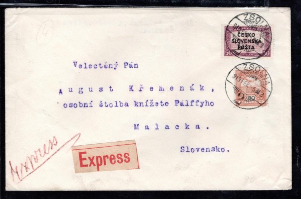 Ex dopis vyplacený známkou Šrobárův přetisk RV 159, Parlament 50 f a maďarskou Turul 80 f, adresovaný do Malacek, podací pošta ZSOLNA, 5. Feb. 19, hezká celistvost
