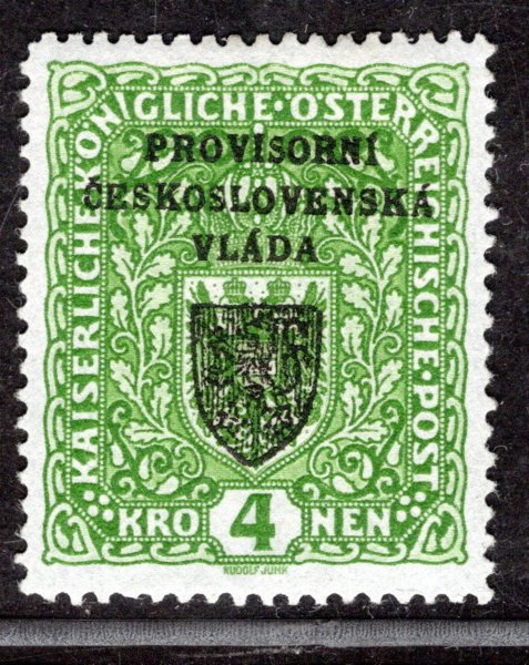 RV 18 ; I. Pražský přetisk, znak, 4 koruna úzká - zkoušeno Gilbert, Vrba 