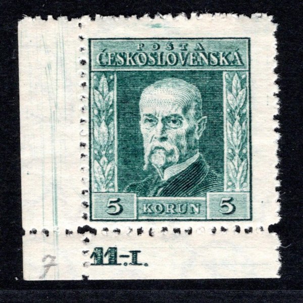 193, P 7, typ I, TGM, zelená 5 Kč , rohová s DČ 11.-I. , zk. Gi