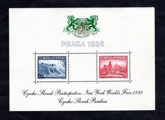 AS 4 c, A 342-3, Praga 1938, s přítiskem pro výstavu NY 1939, přítisk černý, znak zelený