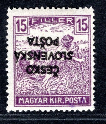 RV 142 PP, Šrobárův přetisk, převrácený, ženci, fialová 15 f, zk. Mrňák, Vrba