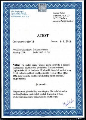 28, vodorovná pětipáska, hnědá 25 h, smíšené zoubkování,  řz 11 1/2:10 1/2:11 1/2: 13 3/4, tuto variantu perforace katalog zatím neuvádí, zk. Karásek, Vrba a atest Vrba