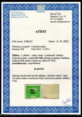 SO 4, zelená 10 h, DV na ZP 26/II. TD, přetisk SO 1920 na známce Hradčany, svěží známka bez nálepky s drobnou vadou lepu, zk. Mrňák, Vrba a atest Vrba