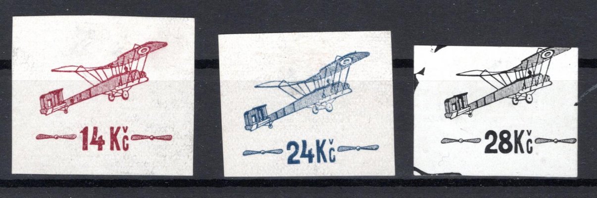 ZT přetisků I. letecké emise, papír křídový v barvách hnědočervená, modrá, černá